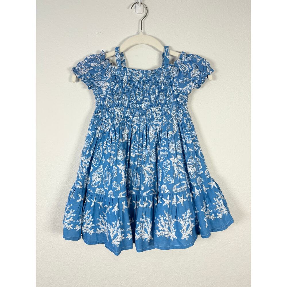 Girl's Toddler Blue Seashell Beach Print Cold Shoulder Fit and Flare Dress